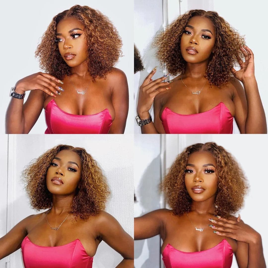 Urgirl Highlight Hair short  bob Wigs Mix Color Curly Bob Ombre Honey Brown 13x4 Lace Front Wigs