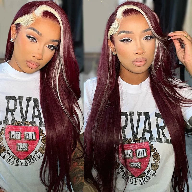 Urgirl Straight Hair 99J Color & 613 Skunk Stripe Body Wave Wig 13x4 Lace Frontal Wig
