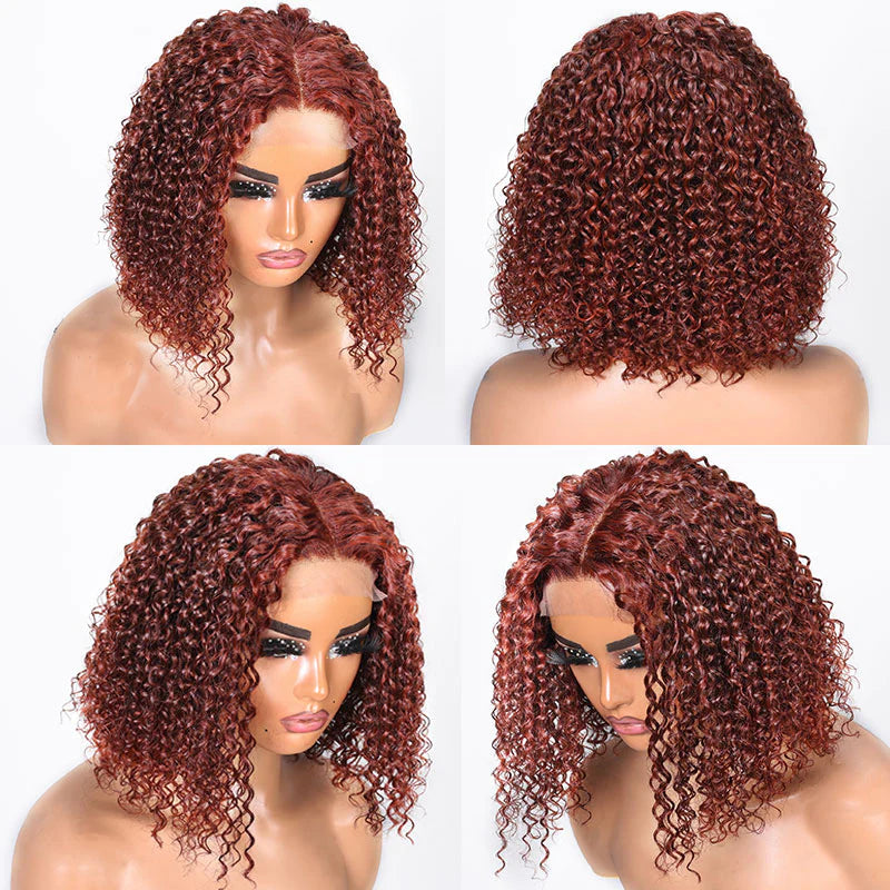 Urgirl Reddish Brown Short Bob Curly Wig Lace Front Wig with Pre Plucked Hairline