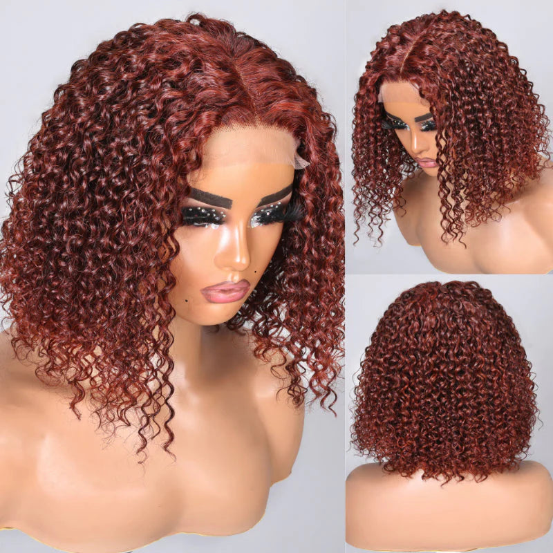 Urgirl Reddish Brown Short Bob Curly Wig Lace Front Wig with Pre Plucked Hairline