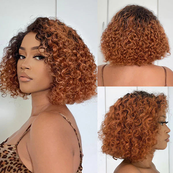 Urgirl Mix Brown Short Cut Curly Minimalist Lace Glueless Side Part Wig 100% Human Hair