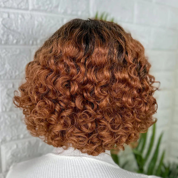 Urgirl Mix Brown Short Cut Curly Minimalist Lace Glueless Side Part Wig 100% Human Hair