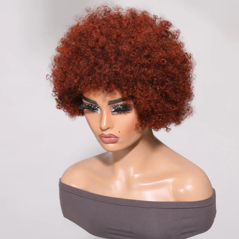 Urgirl Reddish Brown Afro Bob Wig With Bangs Machine Made Glueless Human Hair Wig