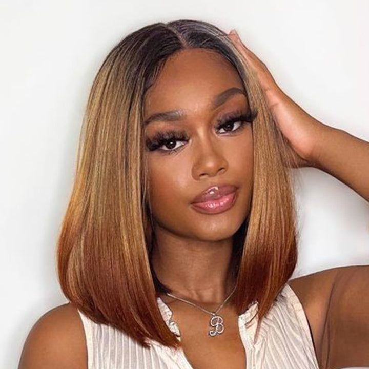 Urgirl Ombre Color Bob Lace Front Wigs Short Straight Honey Blonde Human Hair Wigs