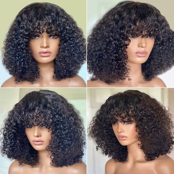 Urgirl Short Curly Bob Pixie Cut Wigs With Bang Human Hair Wigs For Women