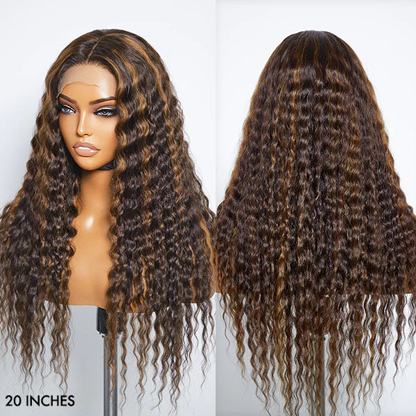 Urgirl Chestnut Brown Highlights Deep Weave Curly Mid Part Long Wig 100% Human Hair Lace Front Wigs