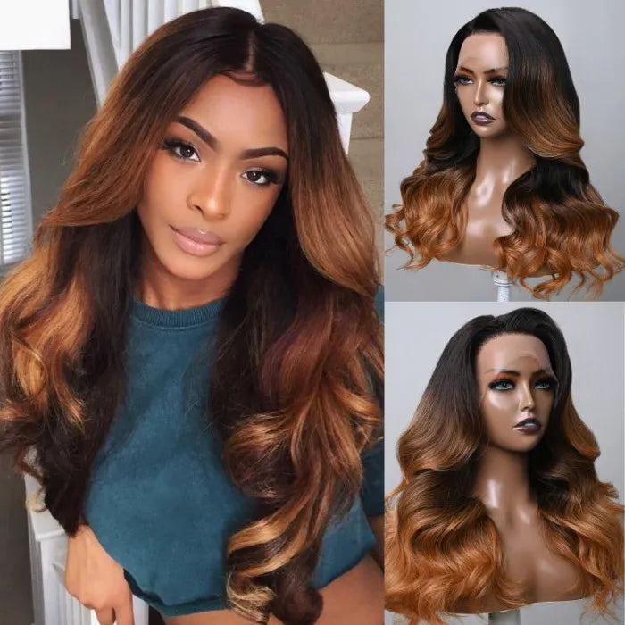 Urgirl Ombre Color Lace Front Toasted Caramel Ombre Body Wave Wig With Dark Roots