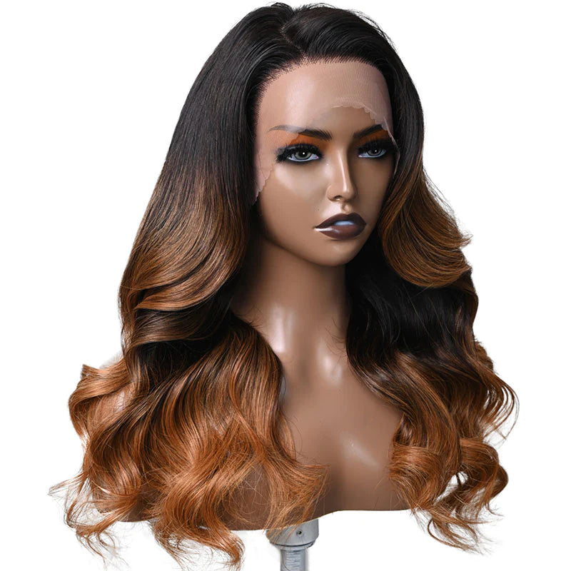 Urgirl Ombre Color Body Wave Human Hair Wigs Golden Caramel Balayage Hair 1B Brown Color