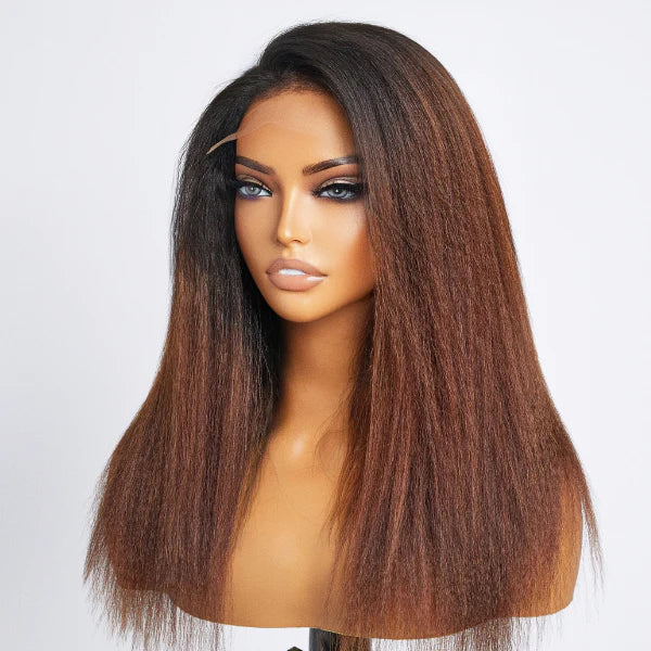 Urgirl Black To Brown Ombre Kinky Straight Closure Lace Glueless Side Part Long Wig 100% Human Hair