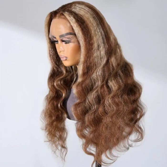 Urgirl Lace Front Yaki Body Wave Honey Blonde Chunky Highlight Wig