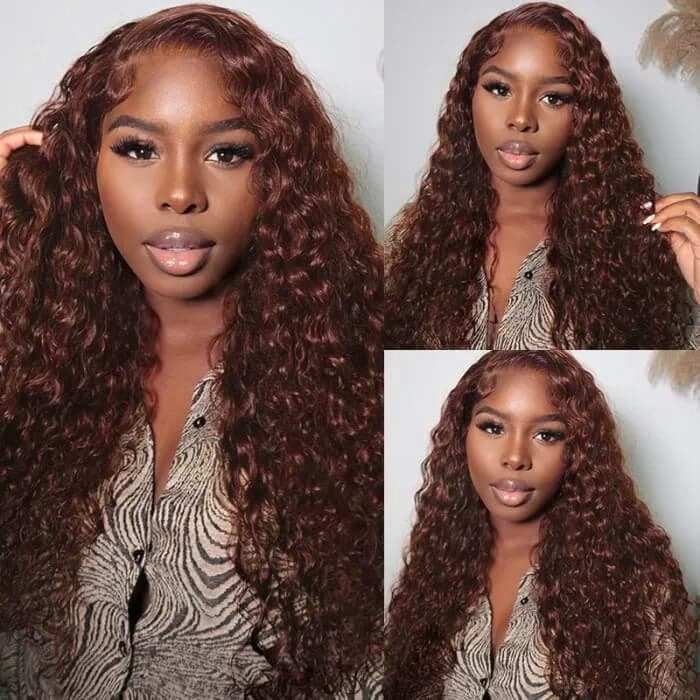 Urgirl Auburn Brown Color 13x6 Glueless Lace Frontal Wig Kinky Curly Human Hair Glueless curly Reddish Brown 33# Lace Front Wig