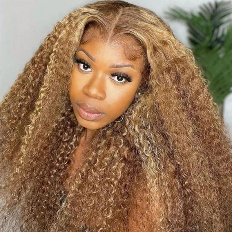 Urgirl Kinky Curly Highlight Wig Human Hair 13x4 Lace Front Wigs with Honey Blonde Highlights