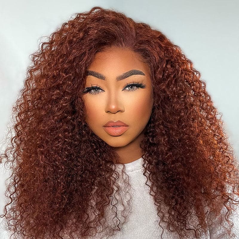 Urgirl Auburn Brown Color 13x6 Glueless Lace Frontal Wig Kinky Curly Human Hair Glueless curly Reddish Brown 33# Lace Front Wig