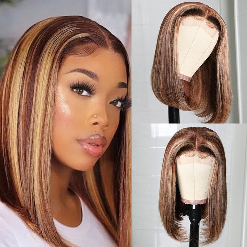 Urgirl Highlight Straight Bob Lace Part Wig Summer Vibes Ombre Color Human Hair Wigs
