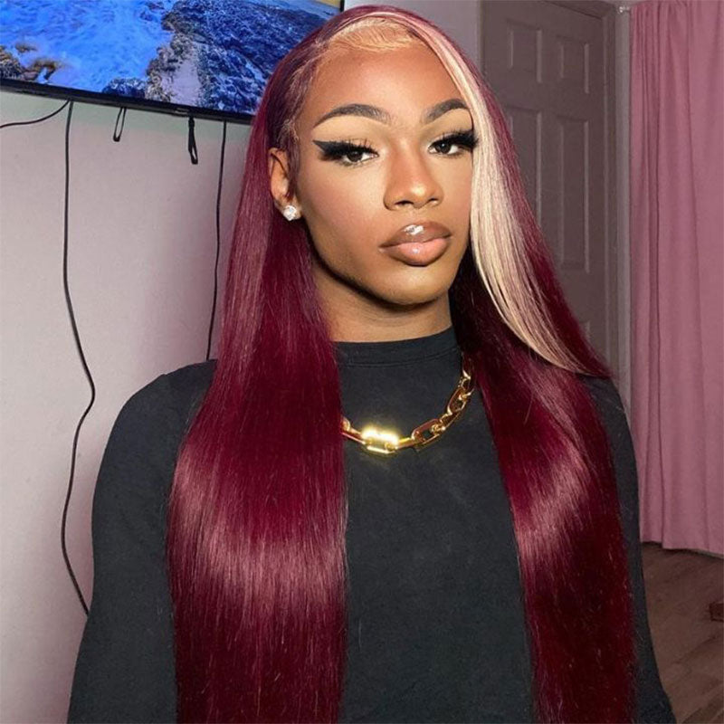 Urgirl Straight 13*4 Lace Front Red Wine & Blonde Highlight Color Wig 99J With 613 Color Lace Wig