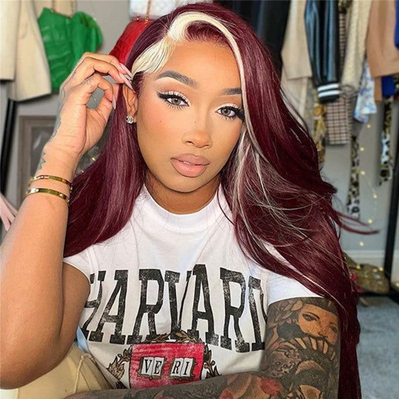 Urgirl Straight 13*4 Lace Front Red Wine & Blonde Highlight Color Wig 99J With 613 Color Lace Wig