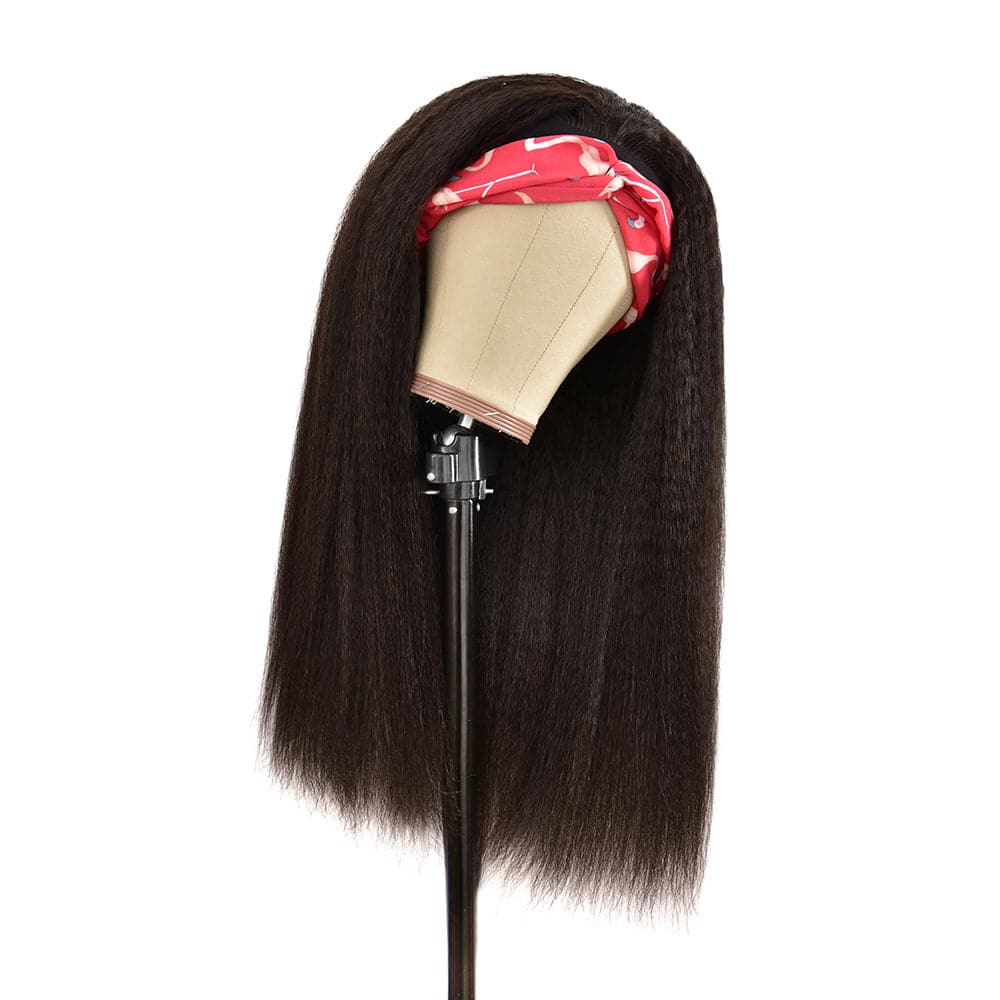 Urgirl Kinky Straight Headband Wig Glueless Human Hair Wigs With Pre-attached Scarf Half Wig 150% Density