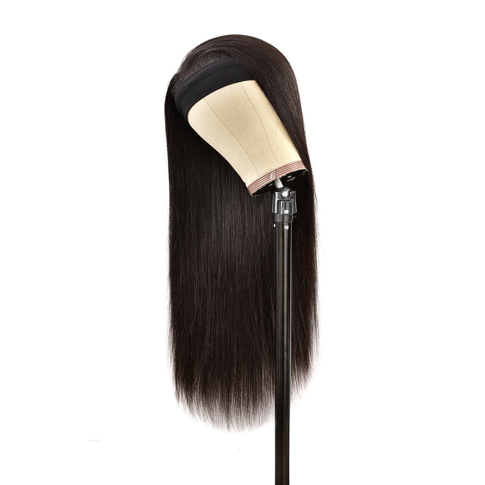 Urgirl Straight Human Hair Wigs With Headbands Attached Non Lace Front Wigs Black Color 150% Density