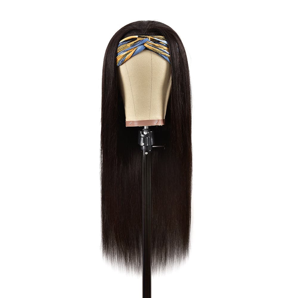 Urgirl Straight Human Hair Wigs With Headbands Attached Non Lace Front Wigs Black Color 150% Density
