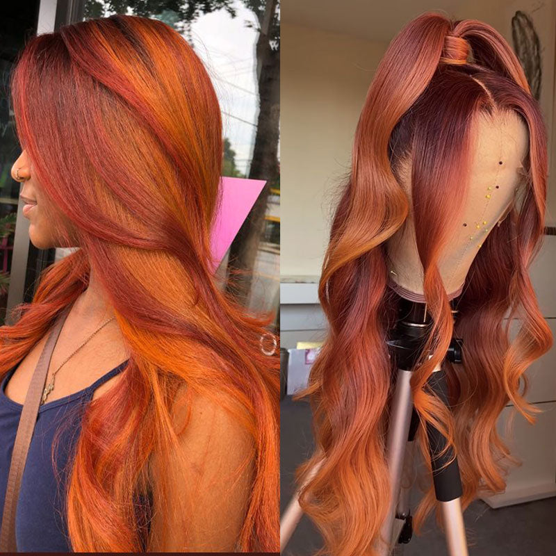 Urgirl Sunset Gold Color Highlight Ginger Orange Body Weave Human Hair Body Weave Lace Front Wig