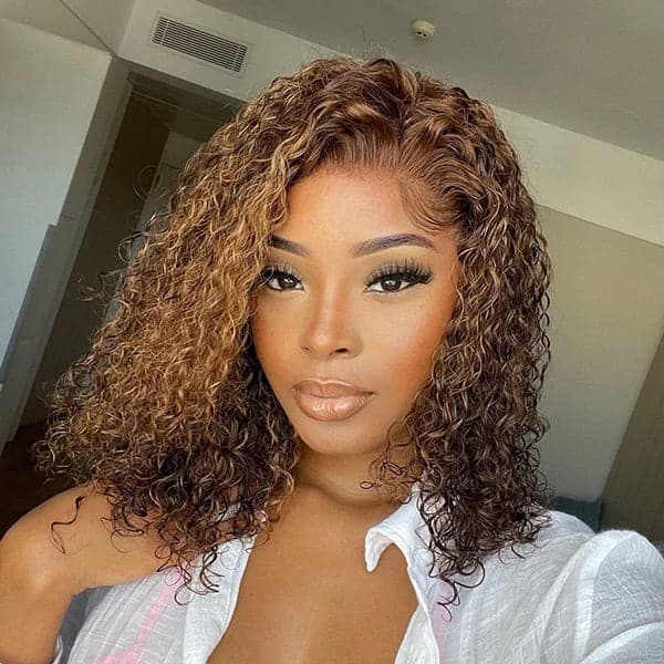 Urgirl Highlight Hair short  bob Wigs Mix Color Curly Bob Ombre Honey Brown 13x4 Lace Front Wigs