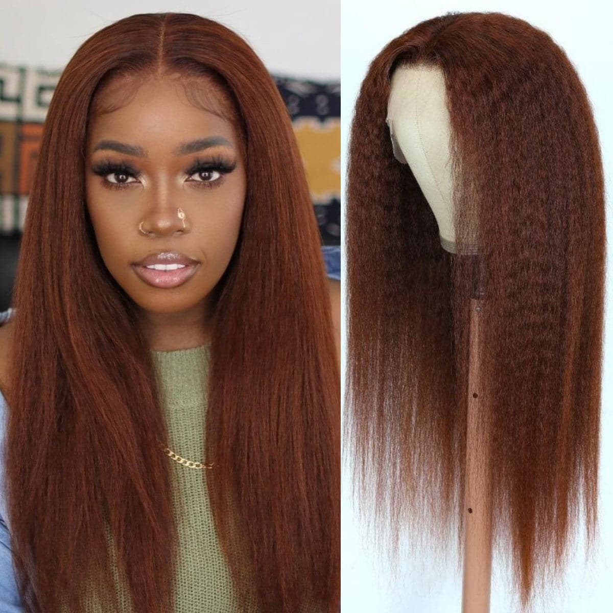 Urgirl 4x4 13x4 Kinky Straight Reddish Brown Lace Front Wig Human Hair Auburn Copper Color for Women