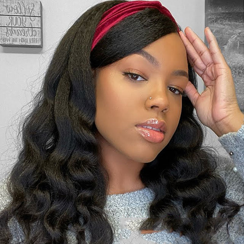 Urgirl Kinky Straight Headband Wig Glueless Human Hair Wigs With Pre-attached Scarf Half Wig 150% Density