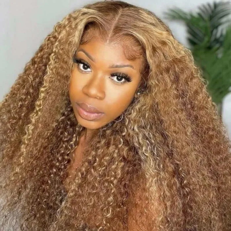Urgirl Honey Blonde Highlight Pre Plucked 13x4 Lace Front Wigs Ombre Color Jerry Curly Human Hair Wigs