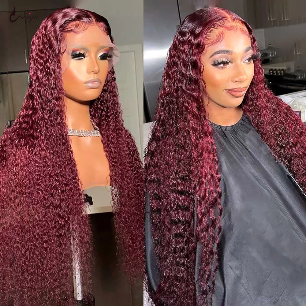 Urgirl 99J Burgundy Transparent Lace Frontal Wig Curly Human Hair for Women
