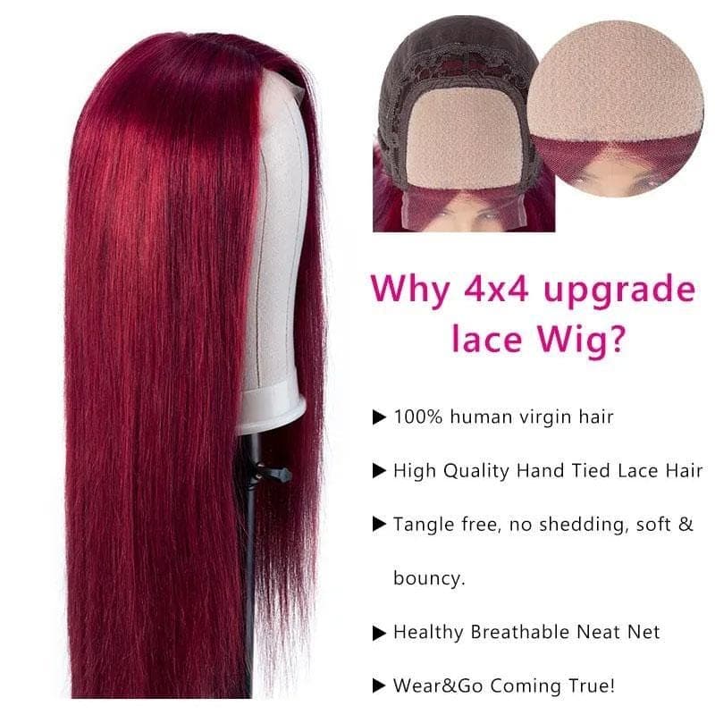 Urgirl Burgundy Color Straight Hair Lace Part Wig Fake Scalp Wig 150% Density For Sale
