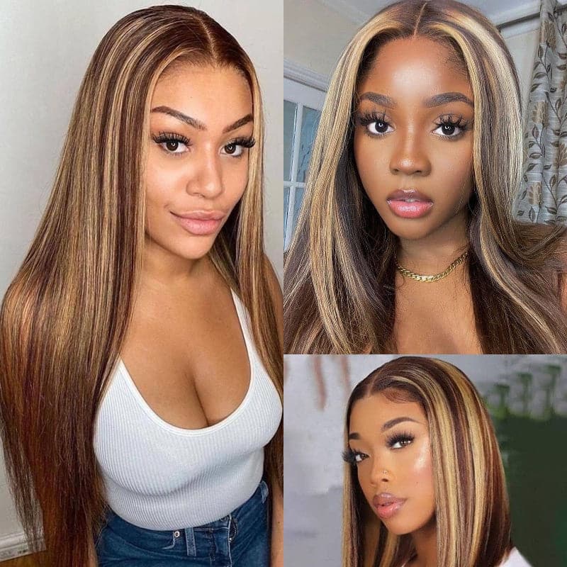 Urgirl Honey Blonde Highlight Lace Closure Wig Ombre Human Hair Silky Straight Lace Front Wigs 150% Density