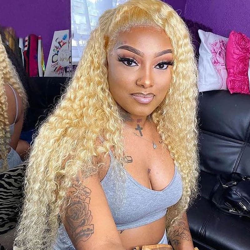 Urgirl Jerry Curl Honey Blonde Color 613 Lace Front Wig Pre Plucked for Women