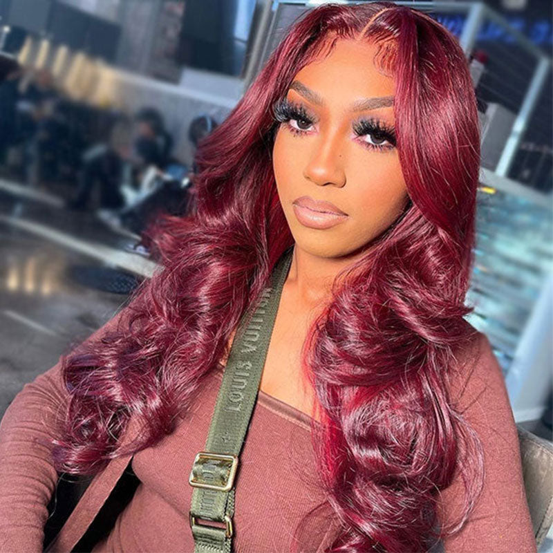 Urgirl Body Weave Lace Wig 99J Burgundy Transparent Lace Frontal Wig Curly Human Hair for Women