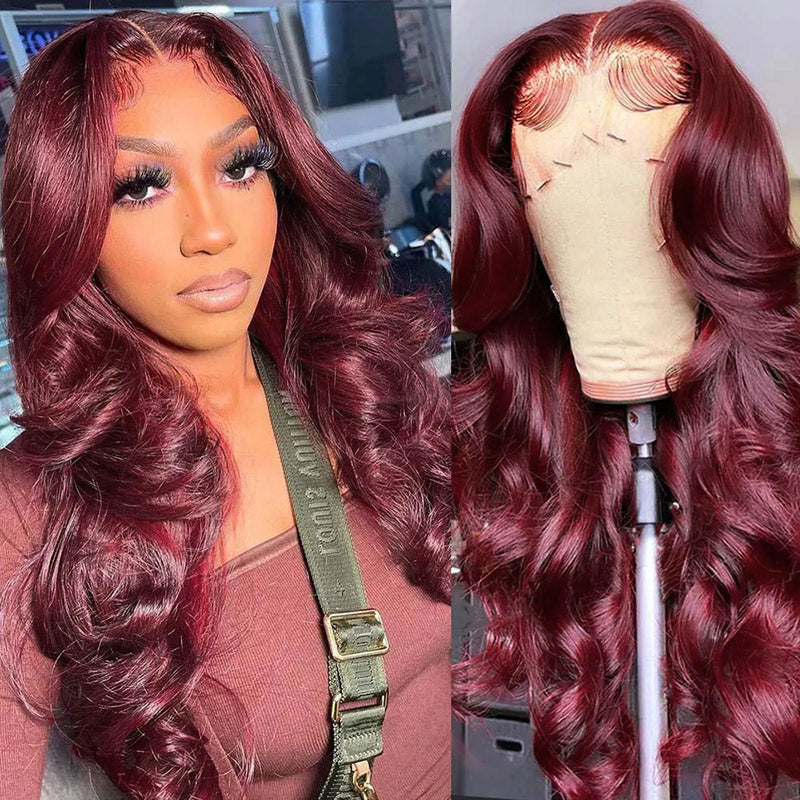 Urgirl Body Weave Lace Wig 99J Burgundy Transparent Lace Frontal Wig Curly Human Hair for Women