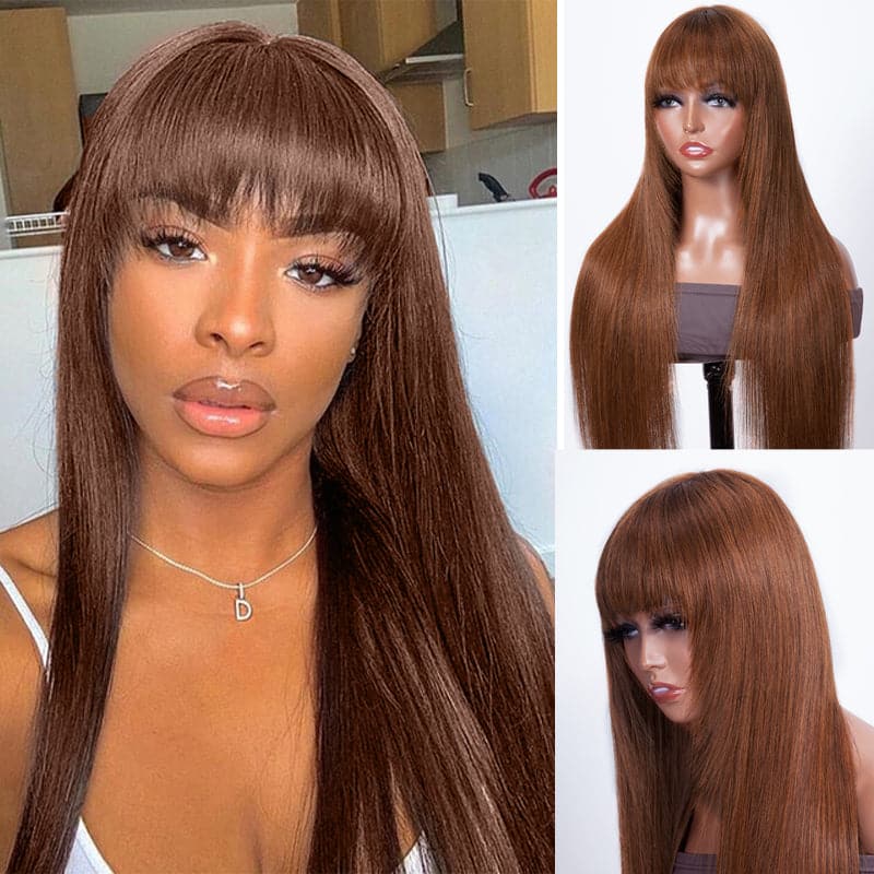 Urgirl Glueless Wigs Human Hair with Layer Inner Buckle Dark Brown Color Bone Straight Wig with Bangs