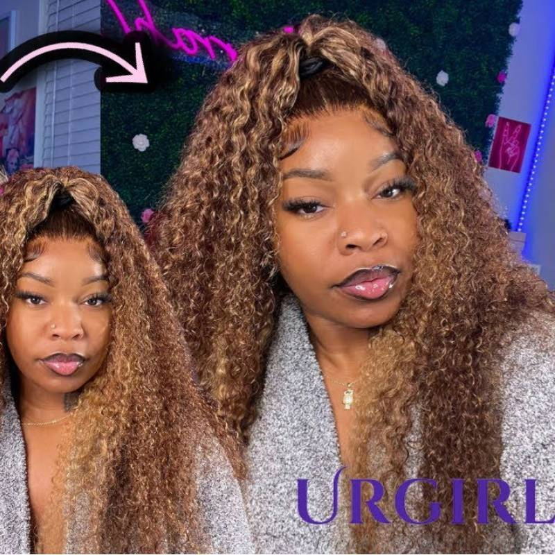 Urgirl Honey Blonde Highlight Pre Plucked 13x4 Lace Front Wigs Ombre Color Jerry Curly Human Hair Wigs