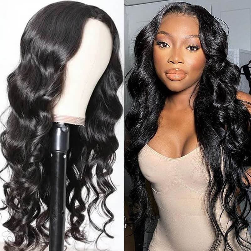 Urgirl High Quality Body Wave Wigs Virgin Human Hair Lace Part Wig Natural Black Color