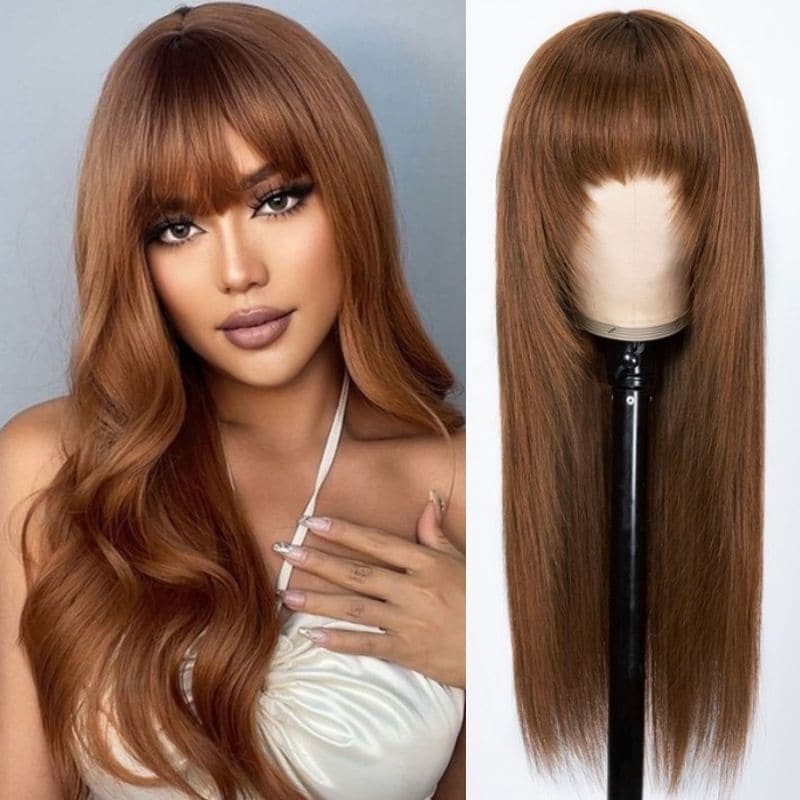 Urgirl Glueless Wigs Human Hair with Layer Inner Buckle Dark Brown Color Bone Straight Wig with Bangs