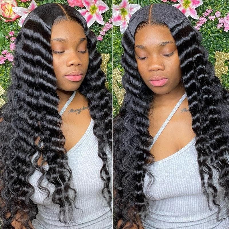 Urgirl Deep Wave Wigs Middle Part Lace Front Wigs 100% Virgin Human Hair Wigs