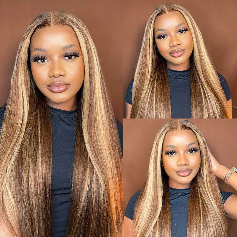 Urgirl Honey Blonde Highlight Kinky Straight Transparent Lace Front Wigs 100% Remy Human Hair