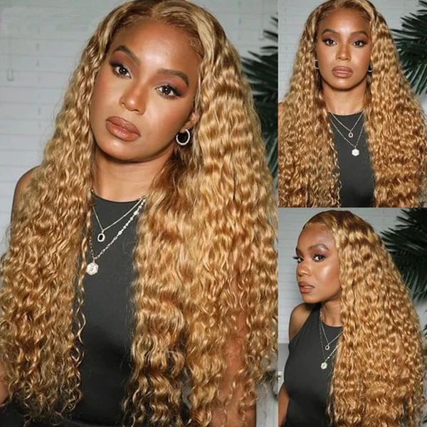 Urgirl #27 Honey Blonde Color Deep Wave Transparent 13x4 Lace Front Wig