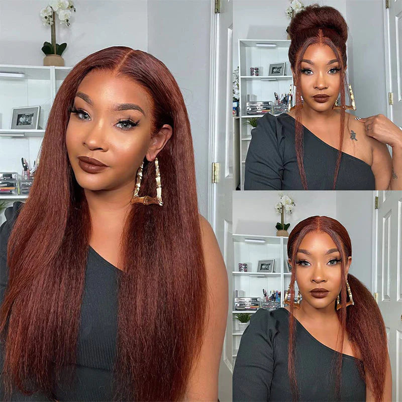 Urgirl Pre-Cut Lace Wig Wear & Go Reddish Brown Kinky Straight Lace Closure Wig with Breathable Cap Beginner Wig