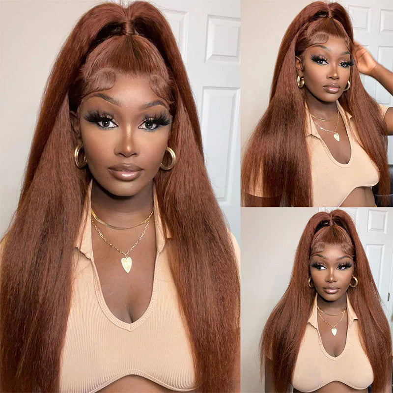 Urgirl Pre-Cut Lace Wig Wear & Go Reddish Brown Kinky Straight Lace Closure Wig with Breathable Cap Beginner Wig