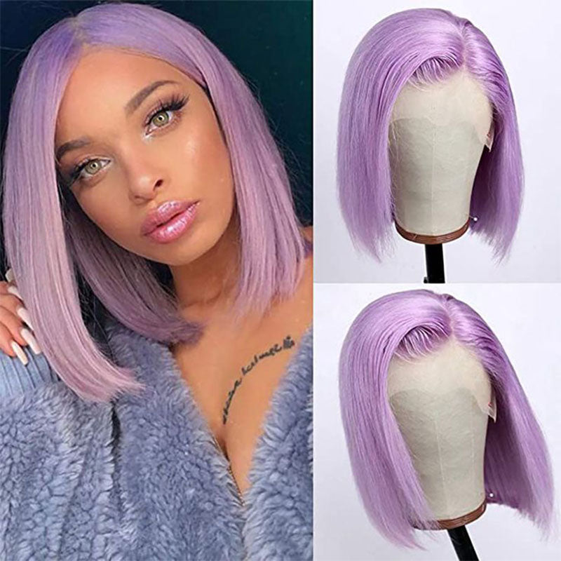 Urgirl Short Bob Human Hair Wigs Light Purple Color Transparent Lace Front Wigs