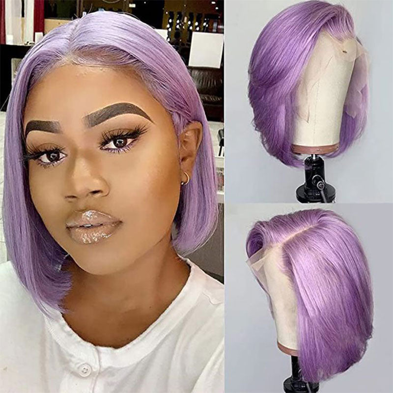 Urgirl Short Bob Human Hair Wigs Light Purple Color Transparent Lace Front Wigs