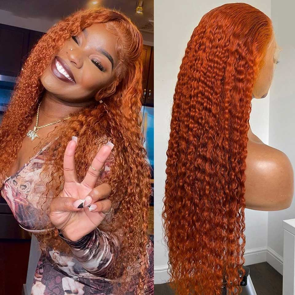 Urgirl Ginger Hair Color13x4 Lace Front Wig Jerry Curly Human Hair Wavy Wig