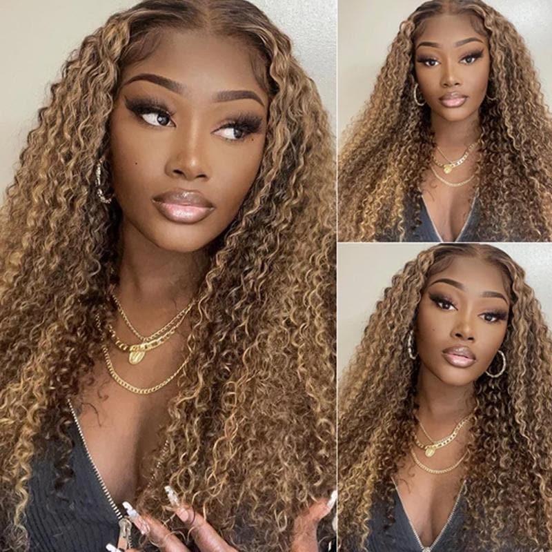 Urgirl Honey Blonde Highlight 4x4 Transparent Lace Closure Wigs Jerry Curly Human Hair Wigs