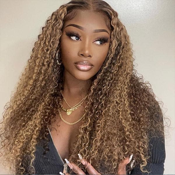 Urgirl Honey Blonde Highlight 4x4 Transparent Lace Closure Wigs Jerry Curly Human Hair Wigs