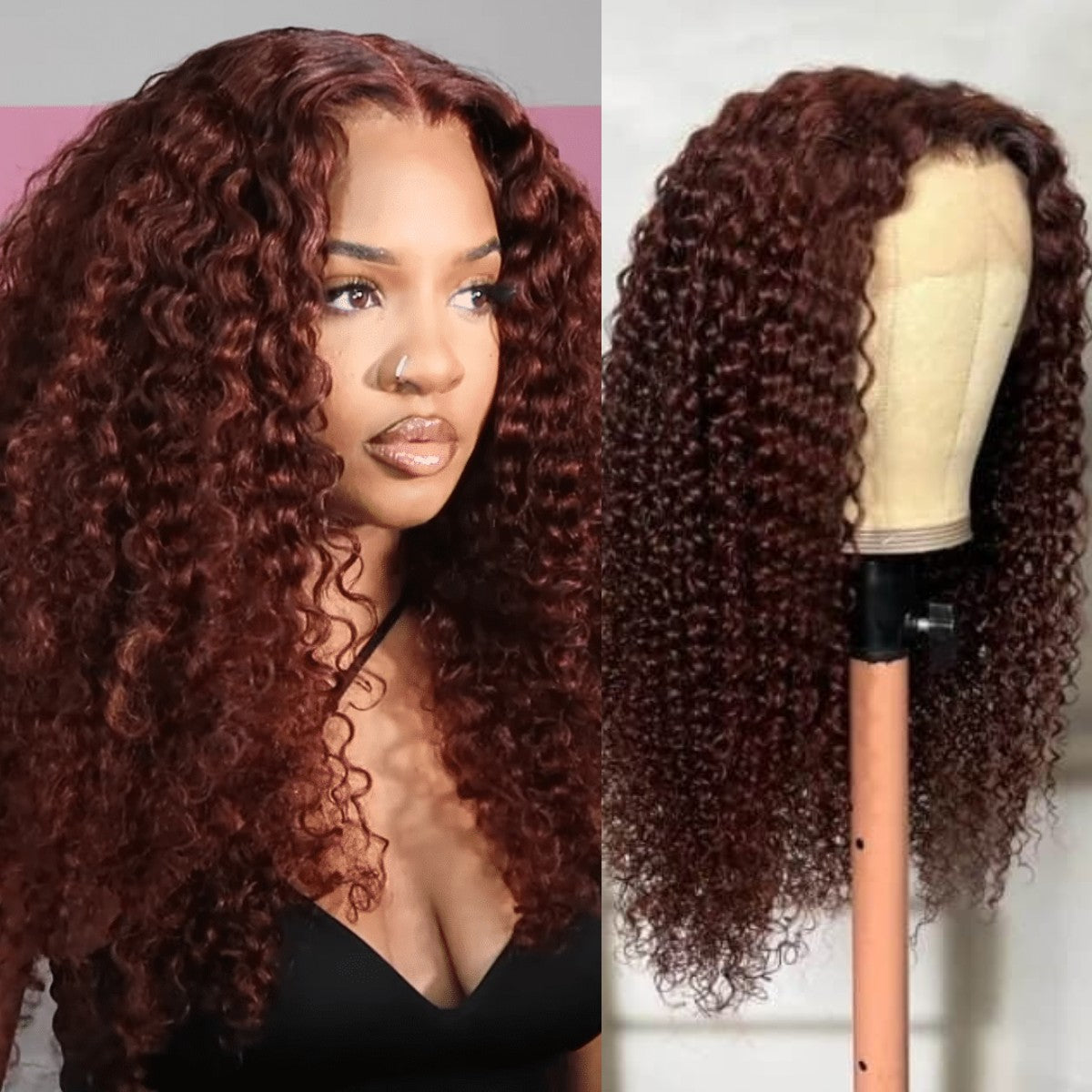 Urgirl Glueless curly Reddish Brown 33# Lace Front Wig Human Hair Auburn Copper Color for Women